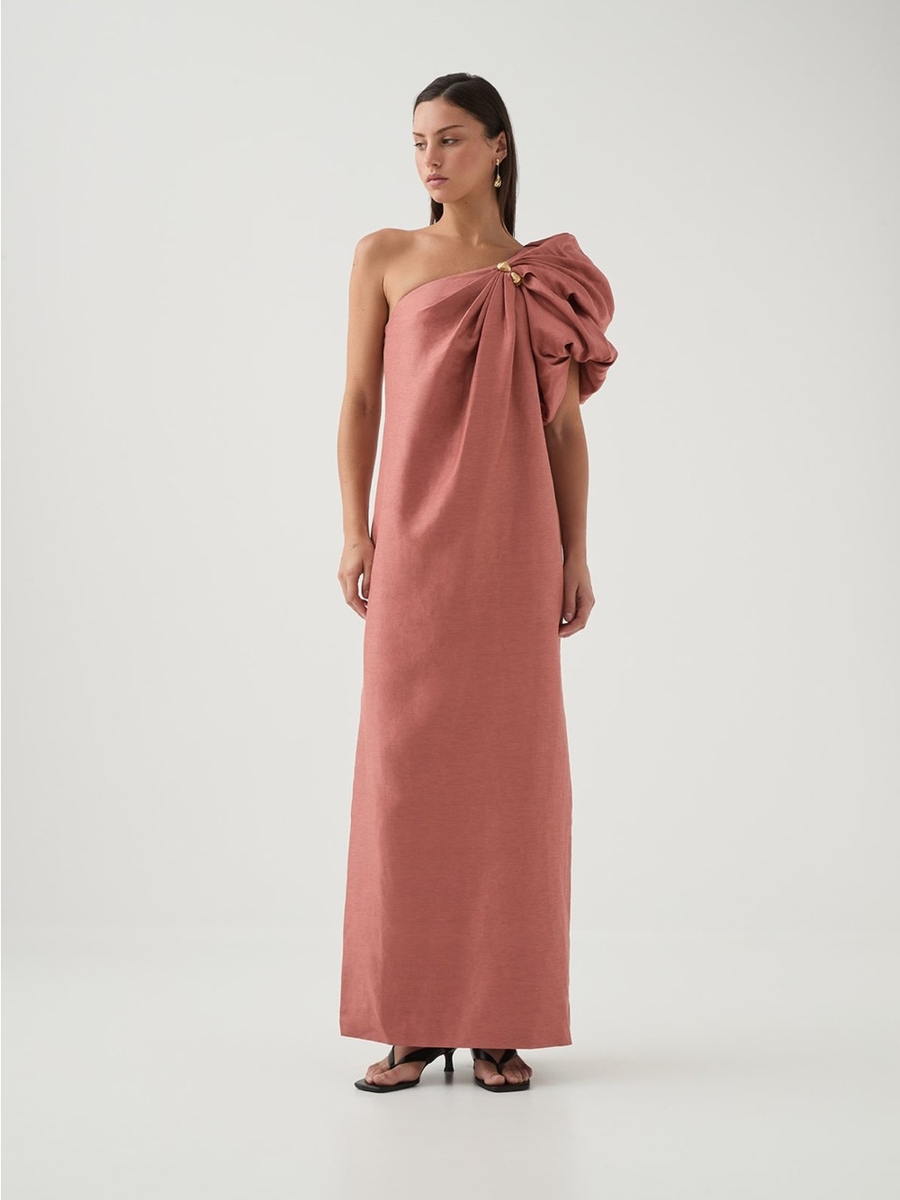 Aje Cira One-Shoulder Rose Maxi Dress with Drape Detail